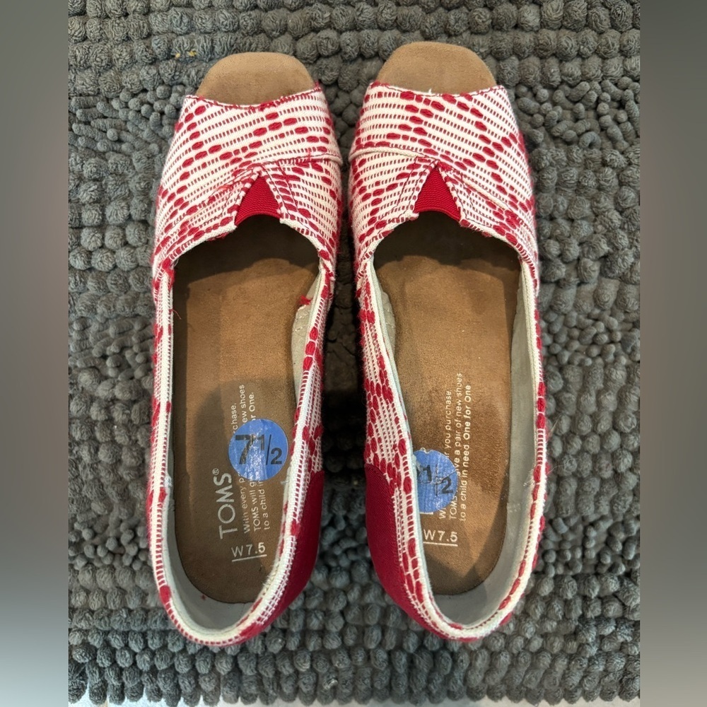 TOMS Women's Red and White Peep Toe Espadrilles - Picture 6 of 6